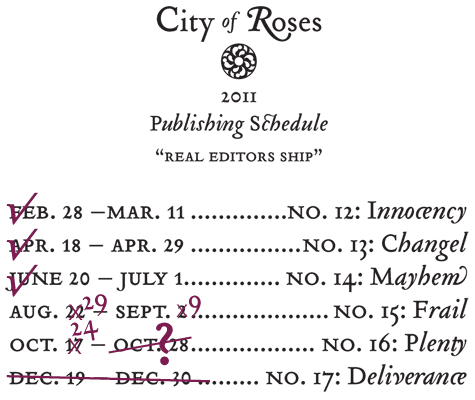 Feb. no. 12: Innocency; Apr. no. 13: Changel; Jun. no. 14: Mayhem; Aug. no. 15: Frail; Oct. no. 16: Plenty; Dec. no. 17 Deliverance.